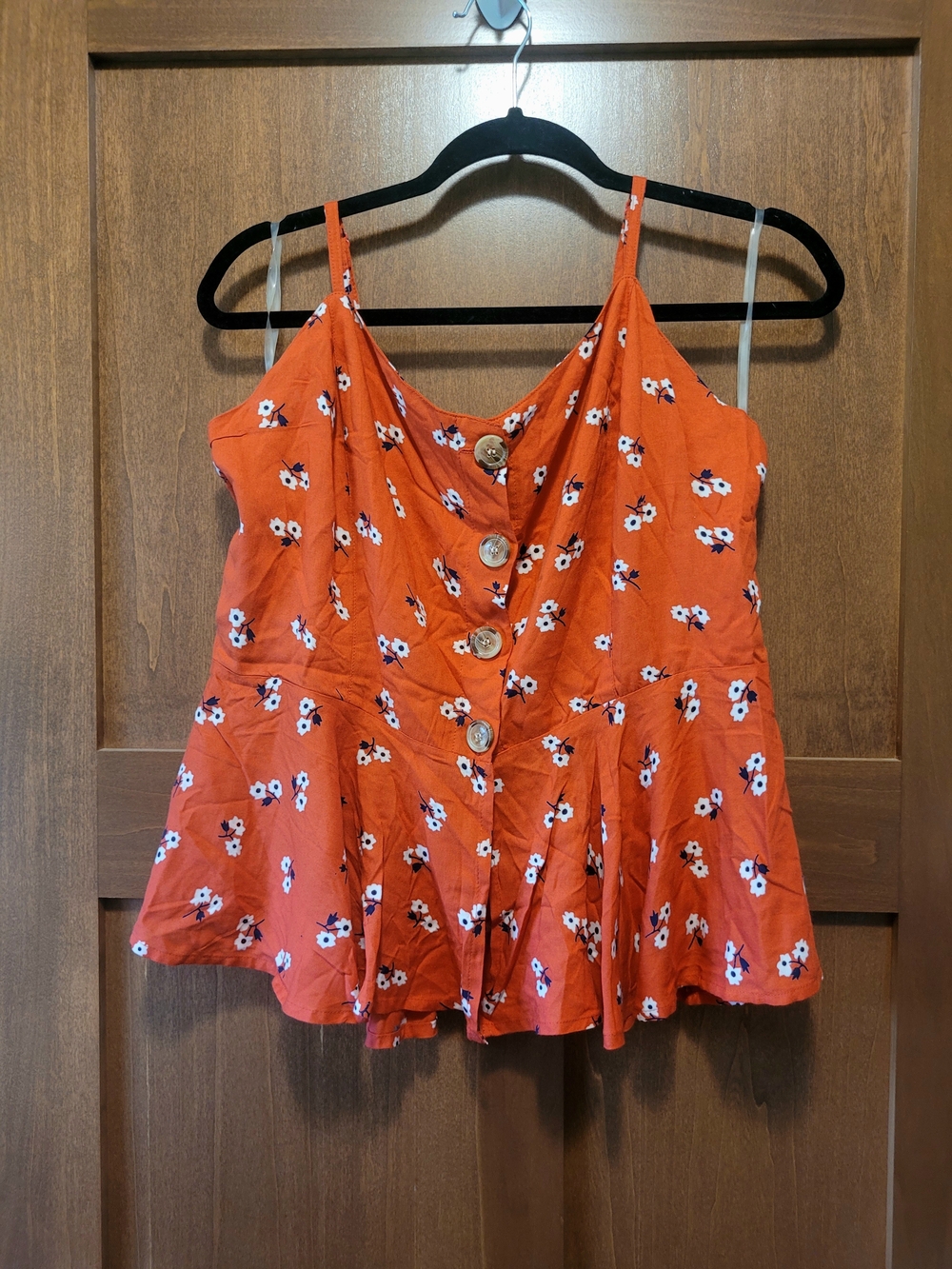 Floral Button-Front Red Spaghetti Strap Peplum Tank, Sz XL